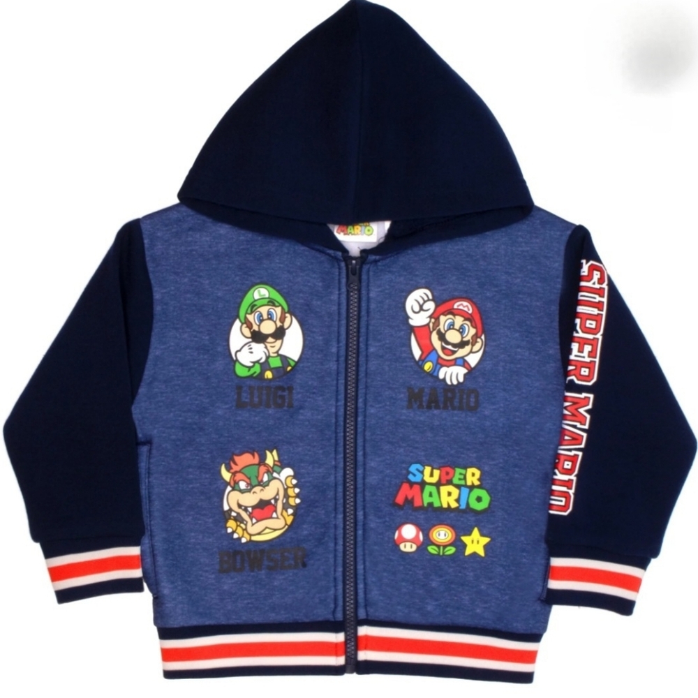 NWT Nintendo Super Mario Kids Varsity Jacket with Hood - Blue Fleece - Size 8